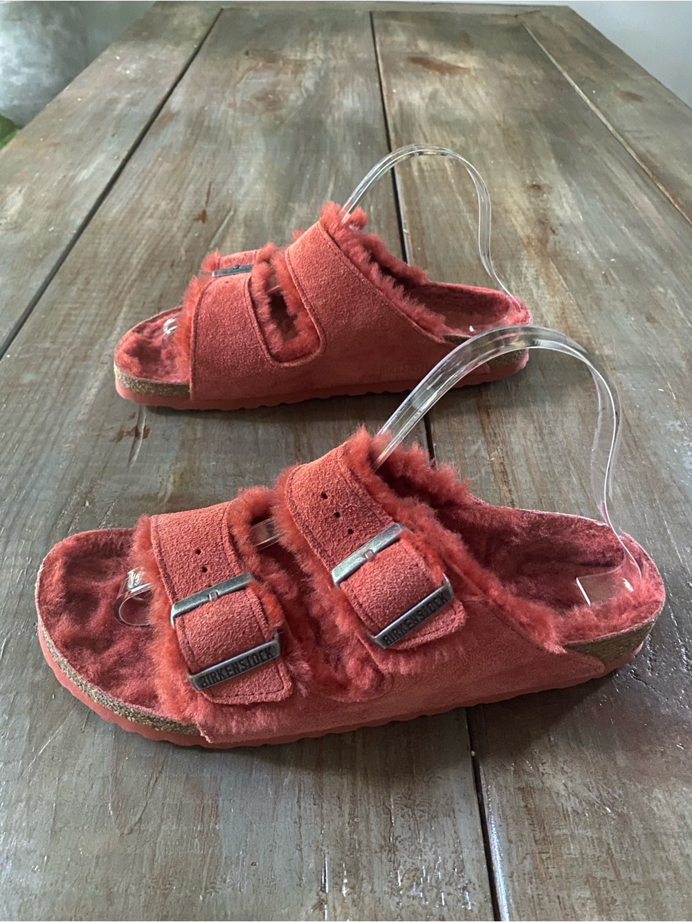 Birkenstock Arizona Shearling Suede Fur Lined Buckle Sandals Womens 9 260 Coral - Picture 3 of 12